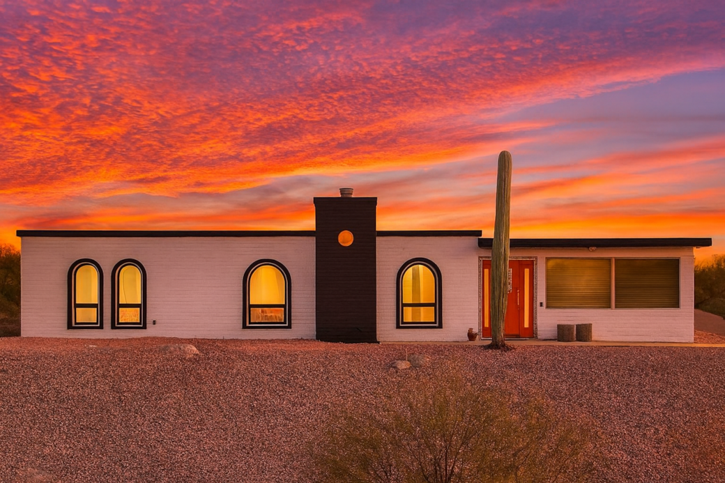Front of house at sunset