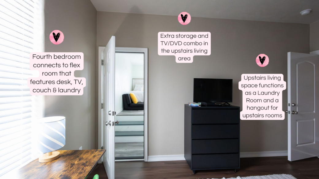 Spread out in the upstairs flex area that includes a full-size washer & dryer.