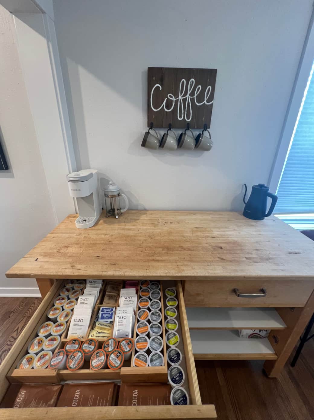 Keurig, cold brew, tea kettle, hot cocoa & full selection of teas, sugars & sweetener. 