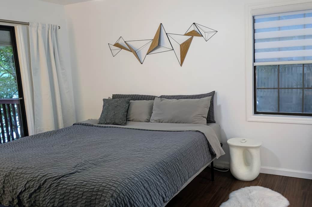 The upstairs master is a great place to rest after a day hiking or on the lake.