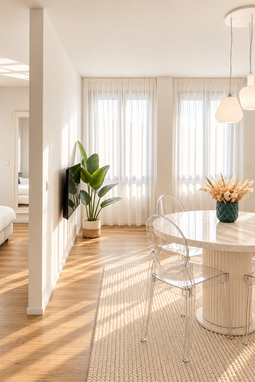 Sala da pranzo minimalista illuminata dal sole