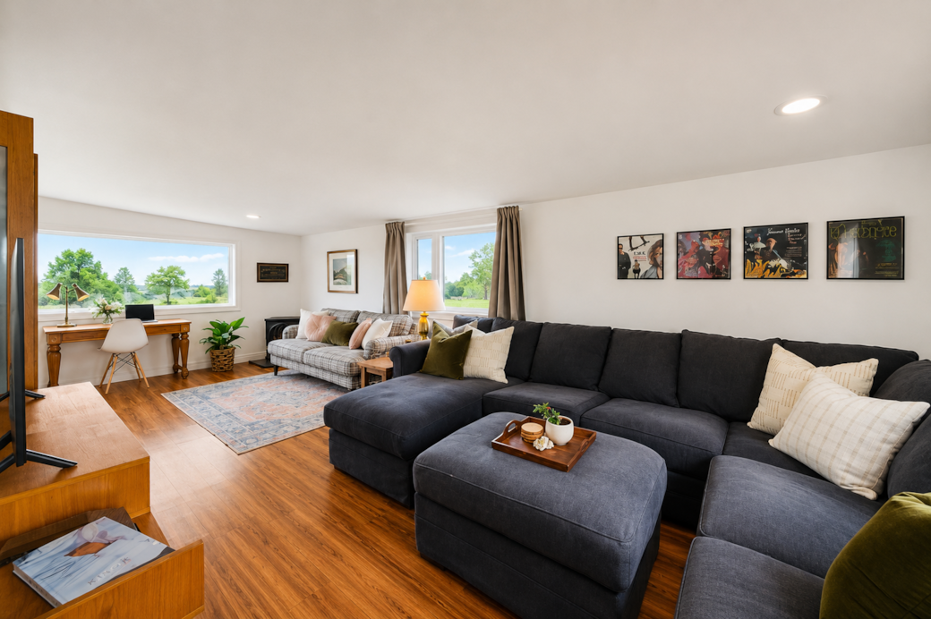 Spacious bright living room with cozy accents