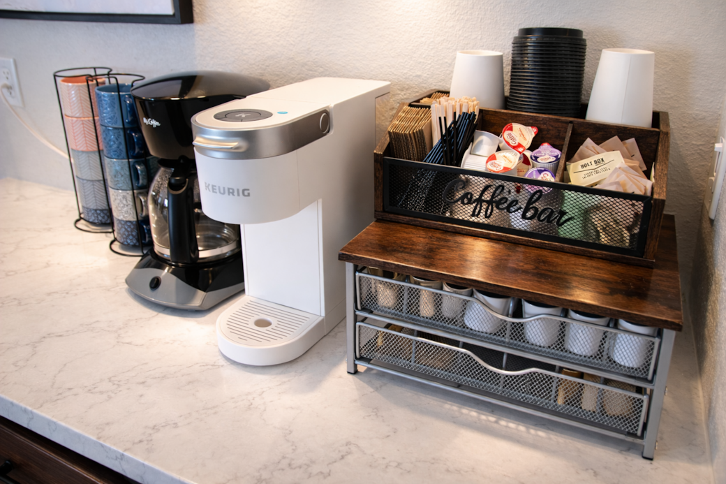 Fully stocked coffee bar for easy mornings. Fully stocked coffee bar for easy mornings.