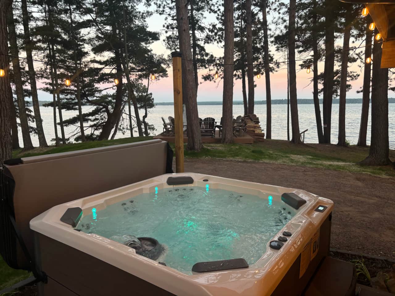 Hot tub with lake views.