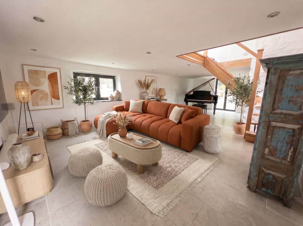 Actual photo of the room with CGI furnishings added to show the intended finished interior. All furniture, styling and layouts shown are the real items being installed as part of the current fit-out, due for completion July 2026.
