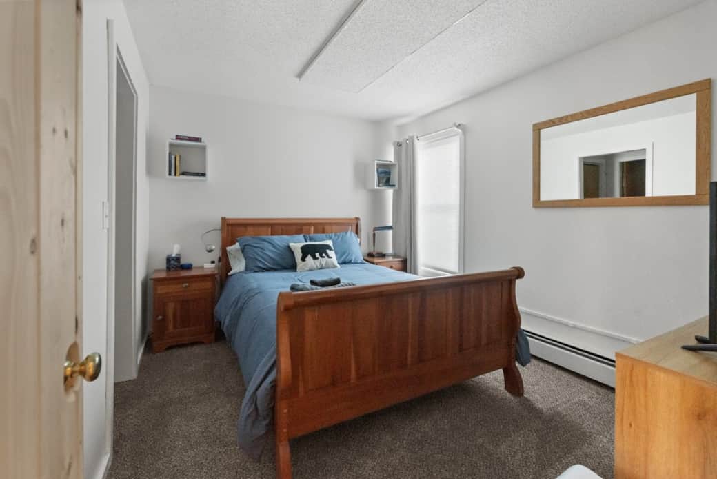 1st floor BR w/en-suite full BTH. Quality Queen mattress.  Blackout curtain and translucent cellular shade. Hygienic air purifier.  Bedside charging stations. AC for summer.