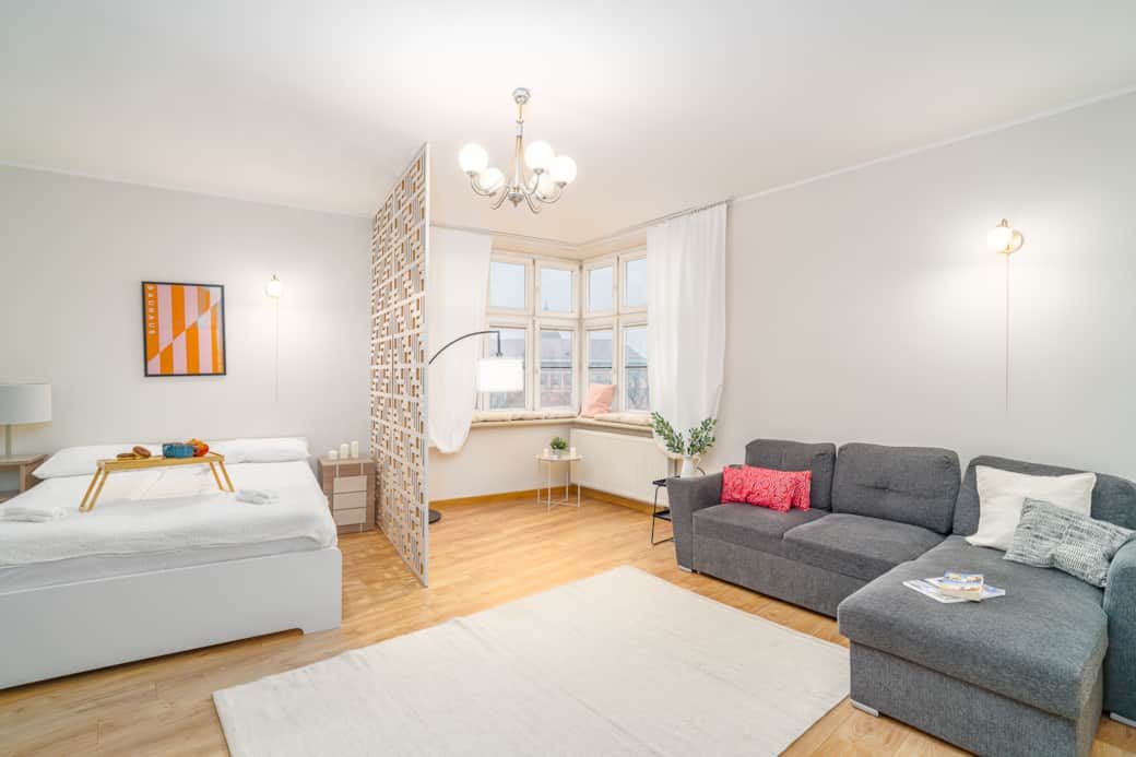 Bright studio with a separate sleeping area, large windows and a comfortable lounge space.