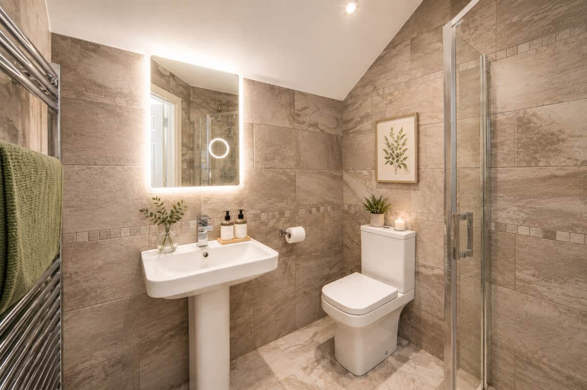 Bedroom 3 en-suite shower room with stone-effect tiles and an illuminated mirror.