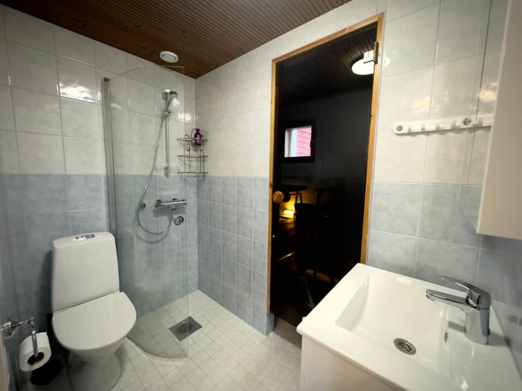 Bathroom with shower and entrance to sauna.