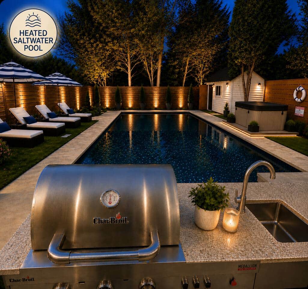 Heated salt water pool and hot tub. 
