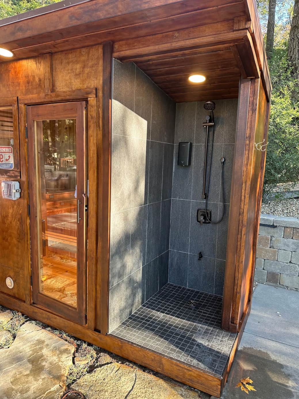 A private sauna provides the perfect place for deep relaxation, while the outdoor shower offers a refreshing way to rinse off before and after a swim or soak. 