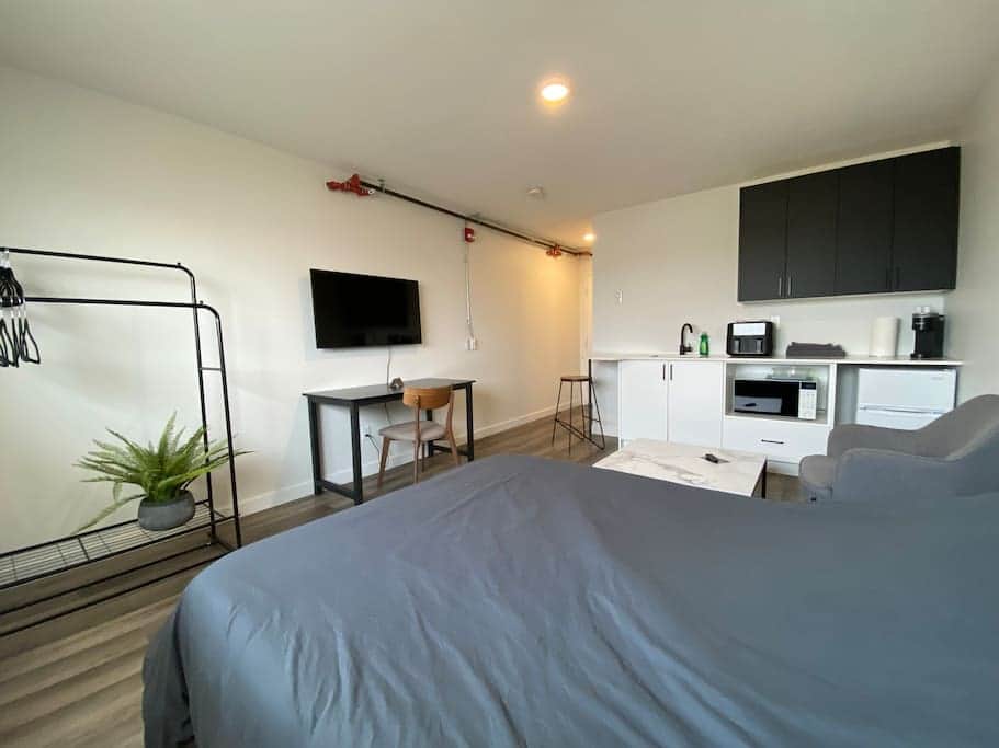 bedroom with closet kitchenette and workspace bedroom with closet kitchenette and workspace
