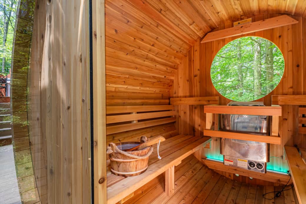 Almost Heaven barrel sauna on the deck seats up to 4 Almost Heaven barrel sauna on the deck seats up to 4