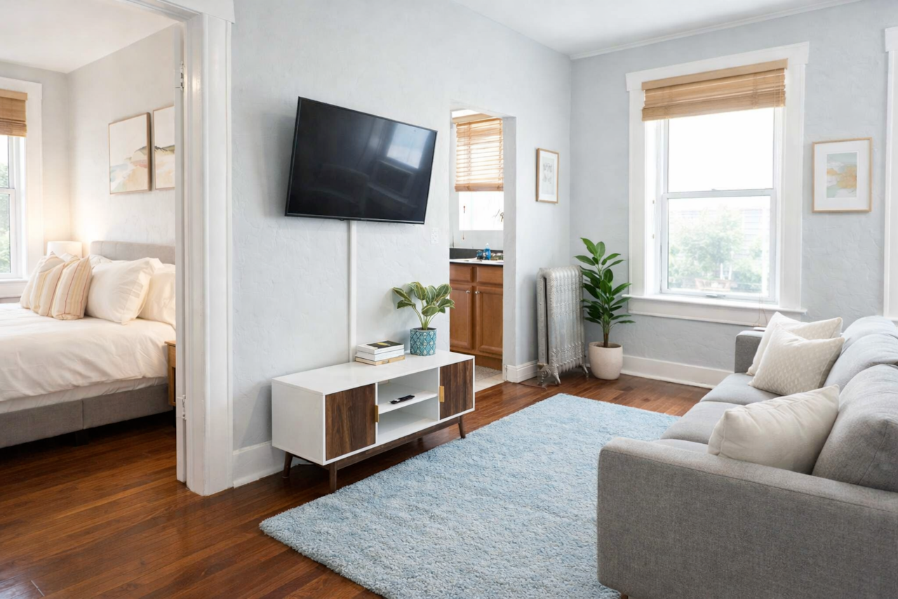 Large windows bring in plenty of natural light, making the living space feel open and welcoming