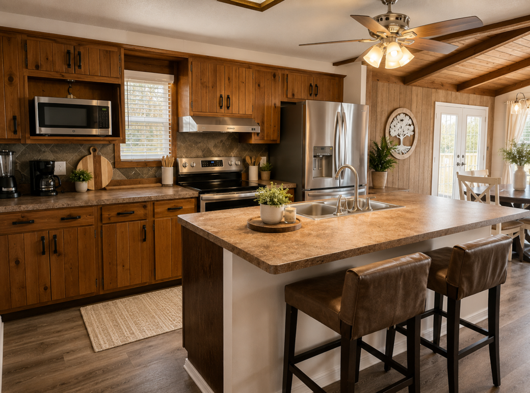 Fully equipped kitchen with island seating and lakehouse charm