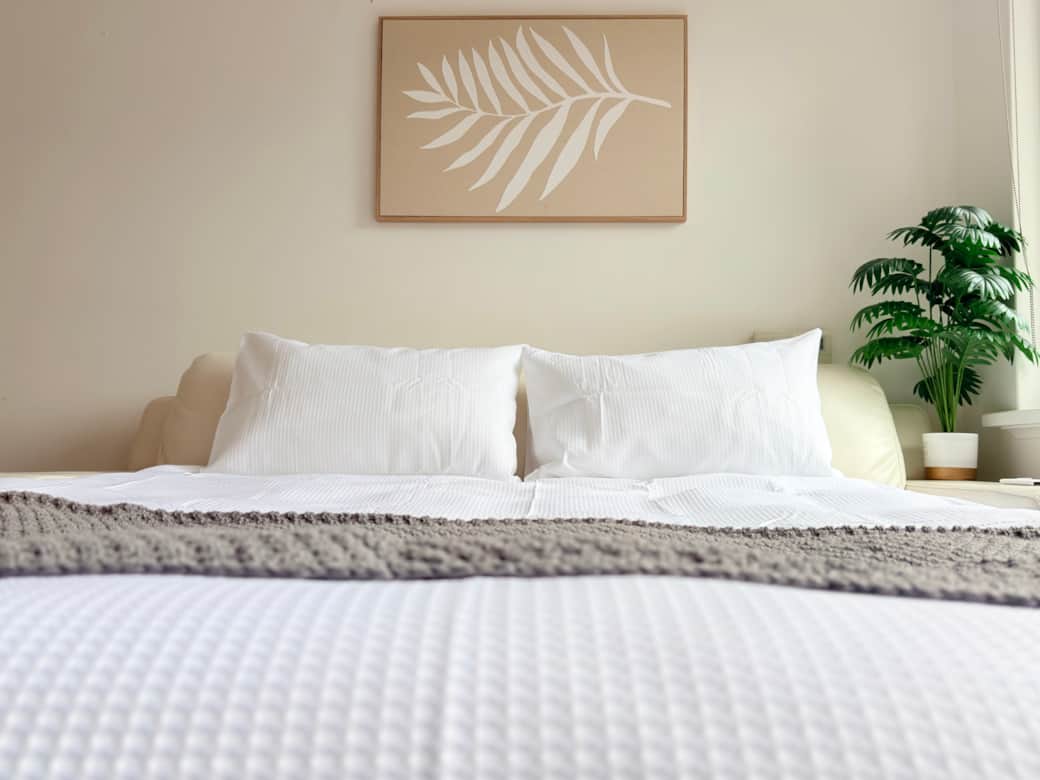 Sofa when made up as a bed in the lounge room Sofa when made up as a bed in the lounge room