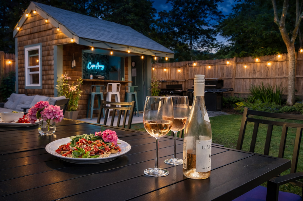 Patio with a Polywood dining set that seats 8 guests featuring an umbrella  