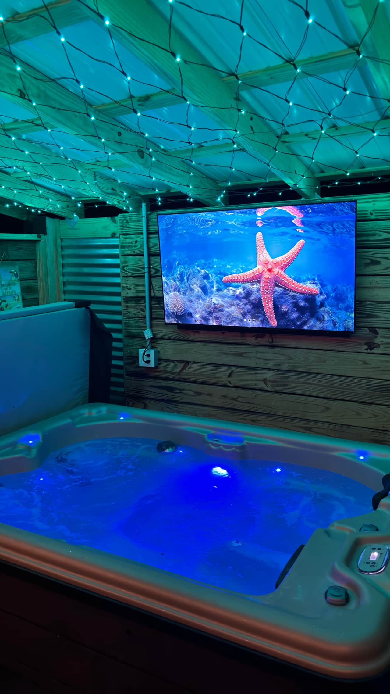 Enjoy your favorite movie or show while relaxing in the hot tub in this perfect paradise retreat