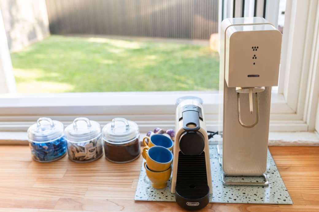 Coffee station with Nespresso machine and milk frother and SodaStream