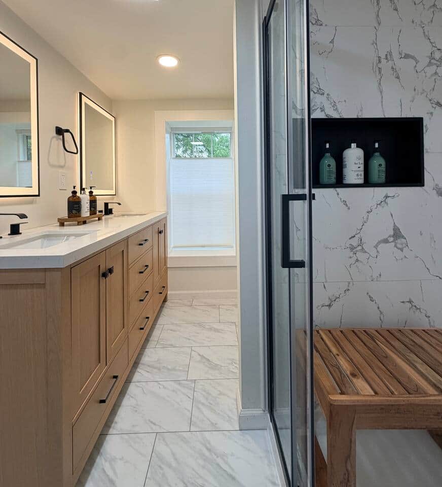 Full bathroom shower and vanity.