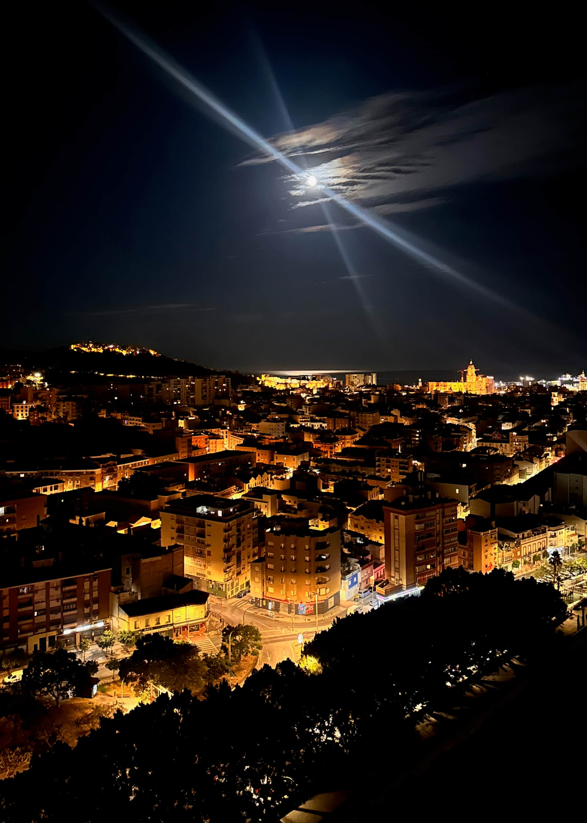 Night view of Málaga with moonlight over the city, including the illuminated Gibralfaro and Cathedral, seen from our apartment.