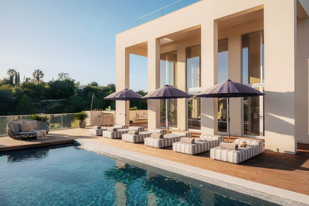 Pool terrace and shaded loungers of Villa Medusa Paraiso