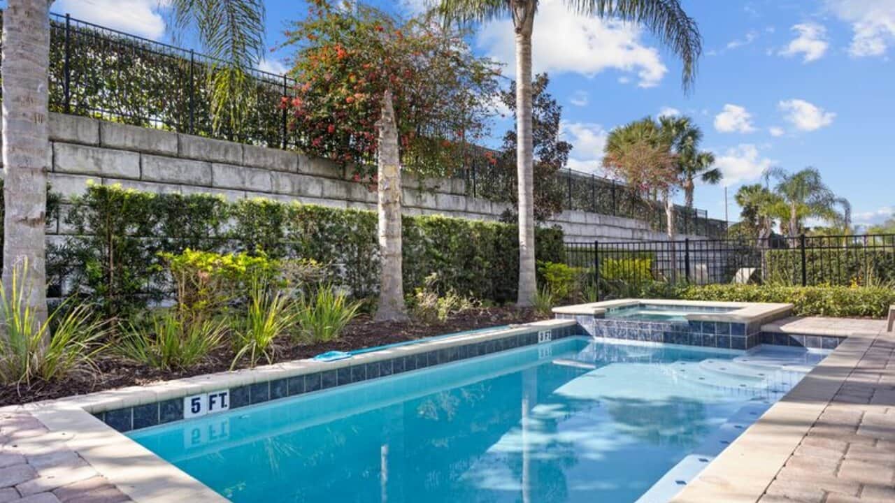- Private swimming pool with raised spa and sunny deck
