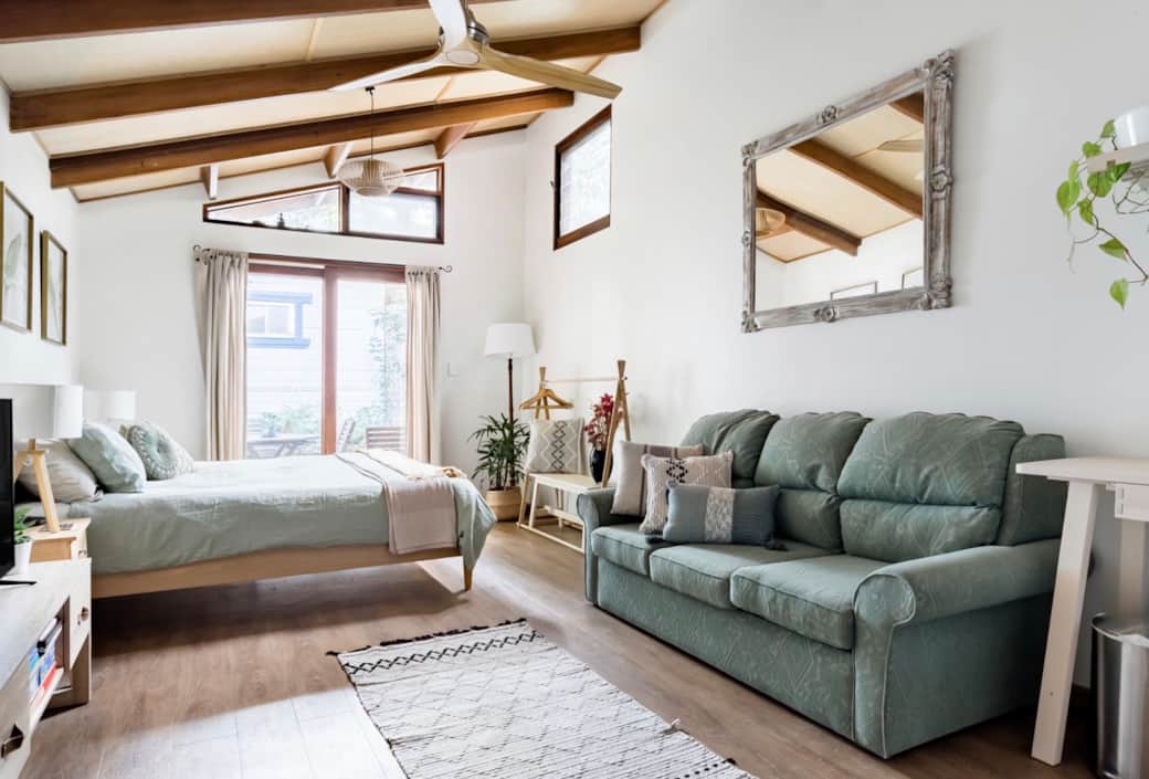 Sofabed folds out and away for extra space during the day