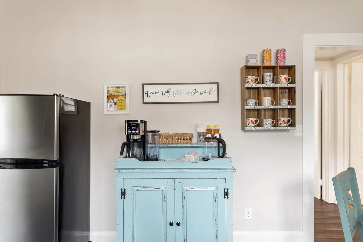 Keurig/drip coffee combo, electric kettle, coffee/creamers and selection of teas.  
