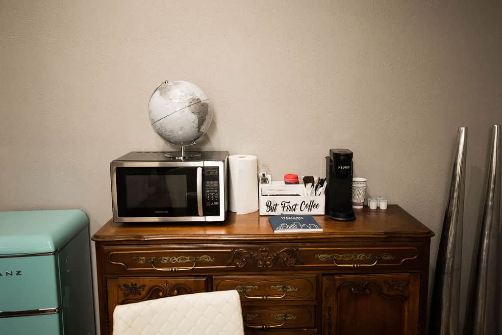 We provide plenty of coffee, creamer, to go cups, and plastic cutlery for your stay.