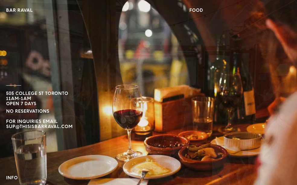 Interior view of Bar Raval, a notable restaurant in Toronto, situated conveniently close to Posh Digs homes. This image captures the inviting ambiance of the restaurant, highlighting its appeal to guests staying in the nearby short-term rentals.