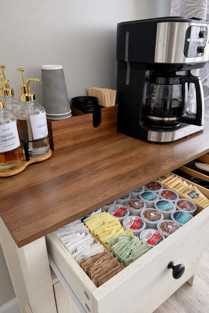 Coffee station with pods, supplies, and everything you need for slow mornings.