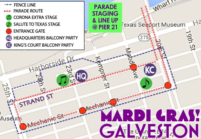 Crowds watching a Mardi Gras parade in downtown Galveston near The Strand with beads and colorful costumes