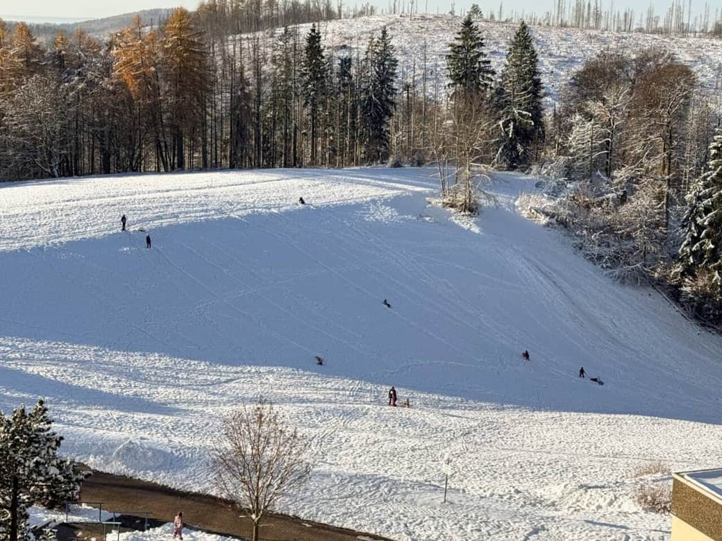 Blick vom Balkon auf den Rodelhang