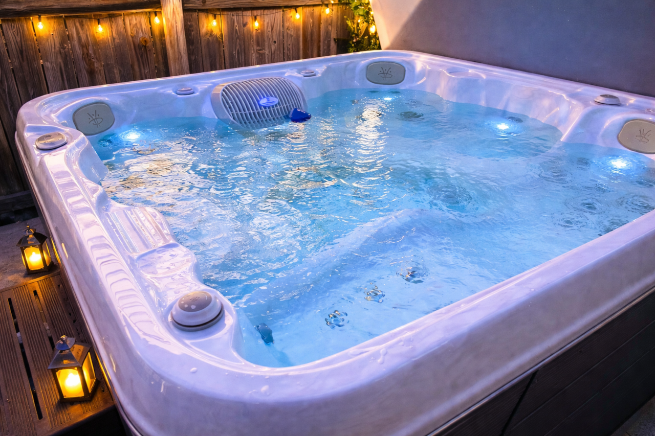 Indulge in relaxation in our 5-person hot tub, featuring invigorating waterfall jets and vibrant LED