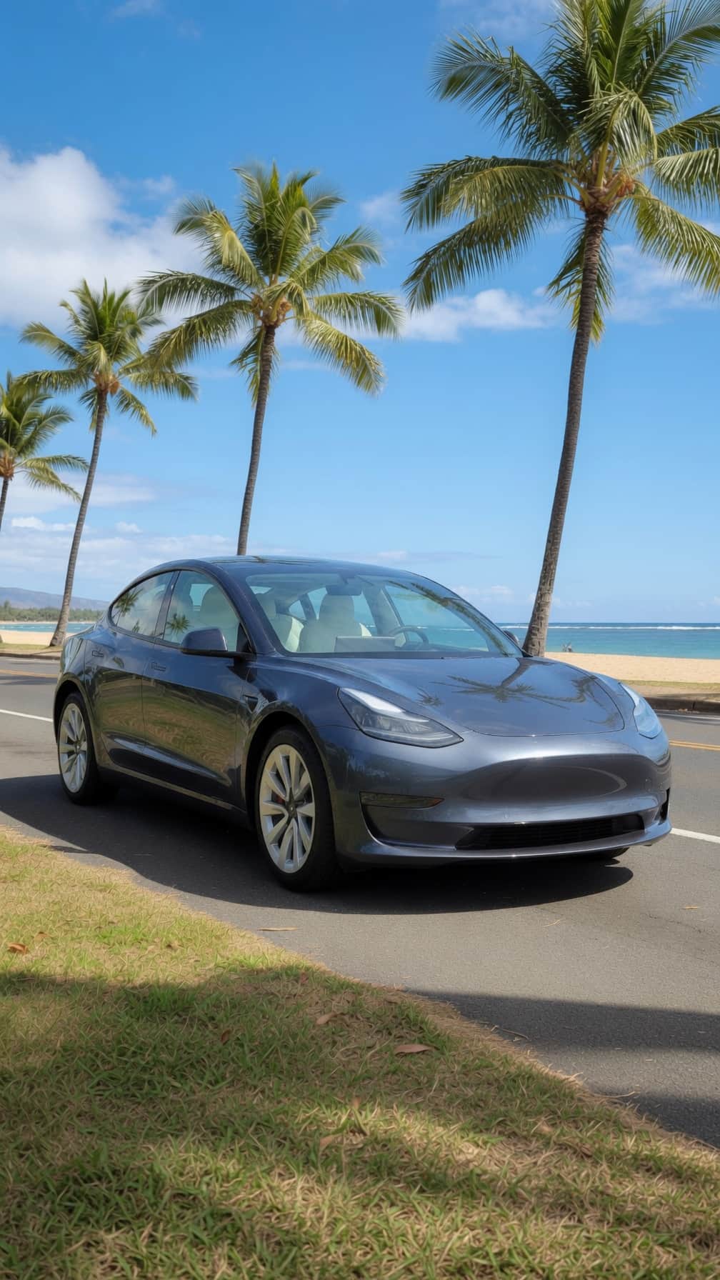 Tesla parked by the beach on the Windward coast