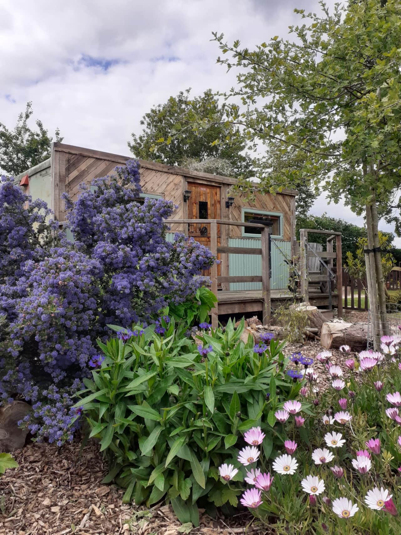 The Den Hut glamping pod sleeps 2 and has a rustic exterior with wrinkly tin and pallet wood fascia.
