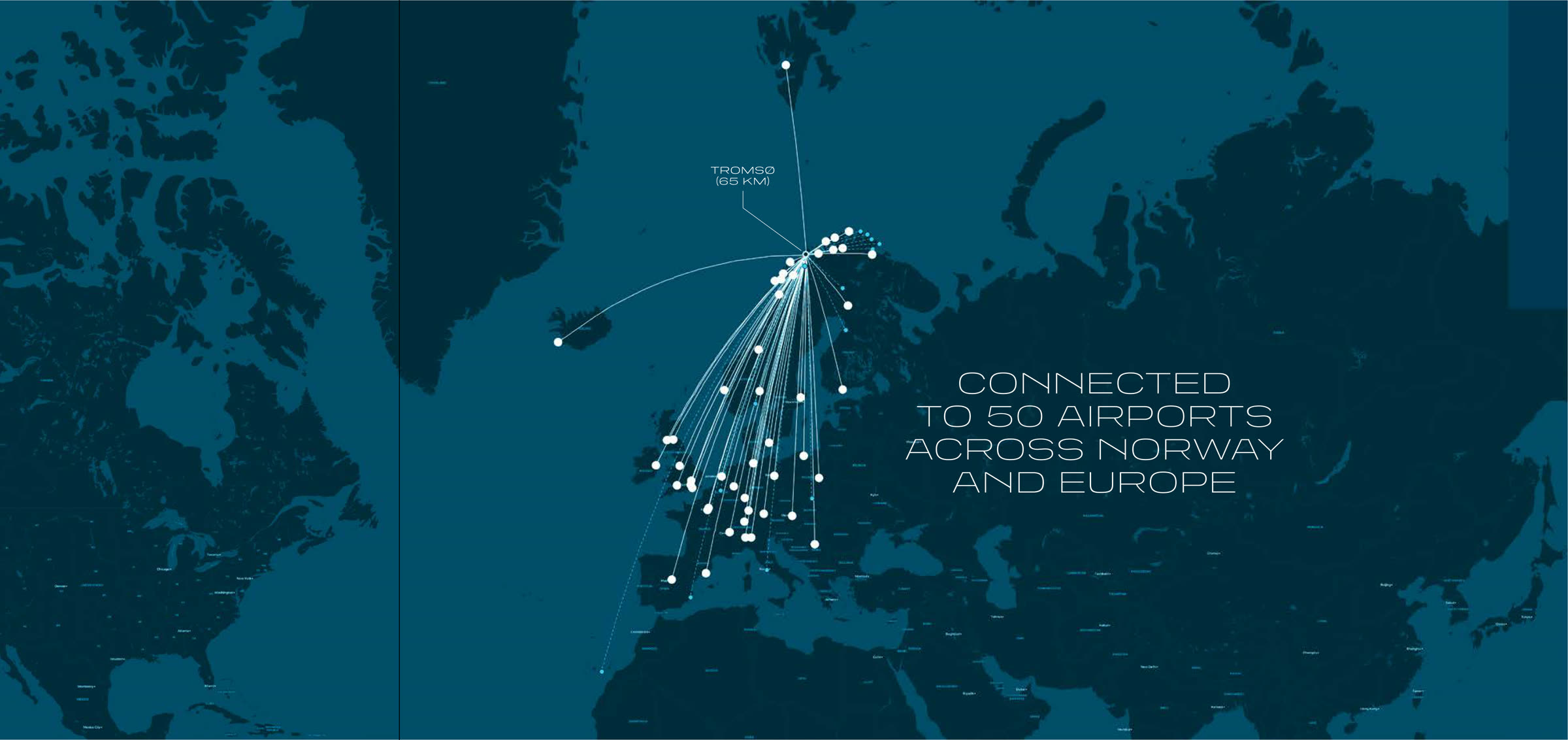 Map of flight connections from Tromsø to 50 airports across Norway and Europe