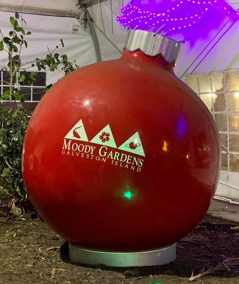 Colorful light displays reflecting on the water at Moody Gardens Festival of Lights