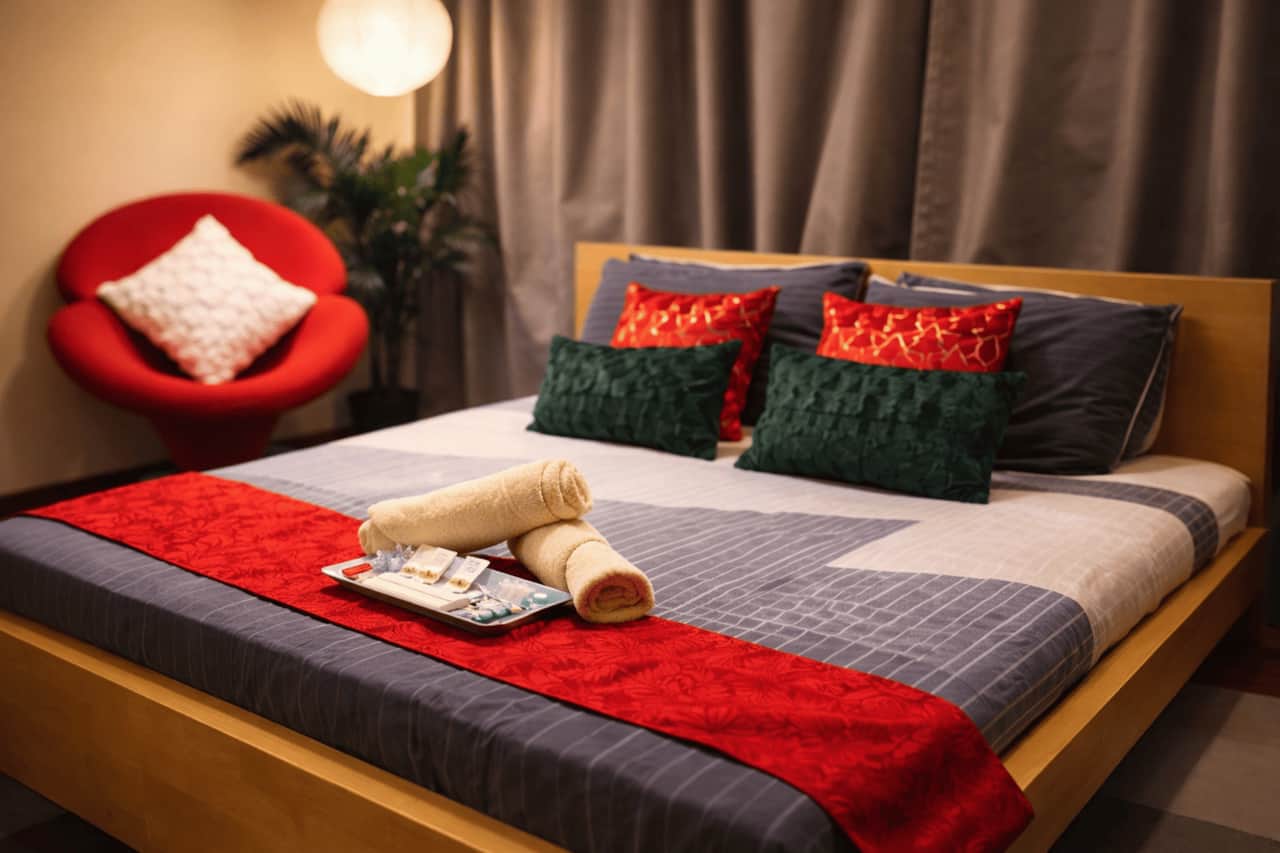 Soft light. Clean lines. A bold touch of red. A studio that feels composed & comfortable.