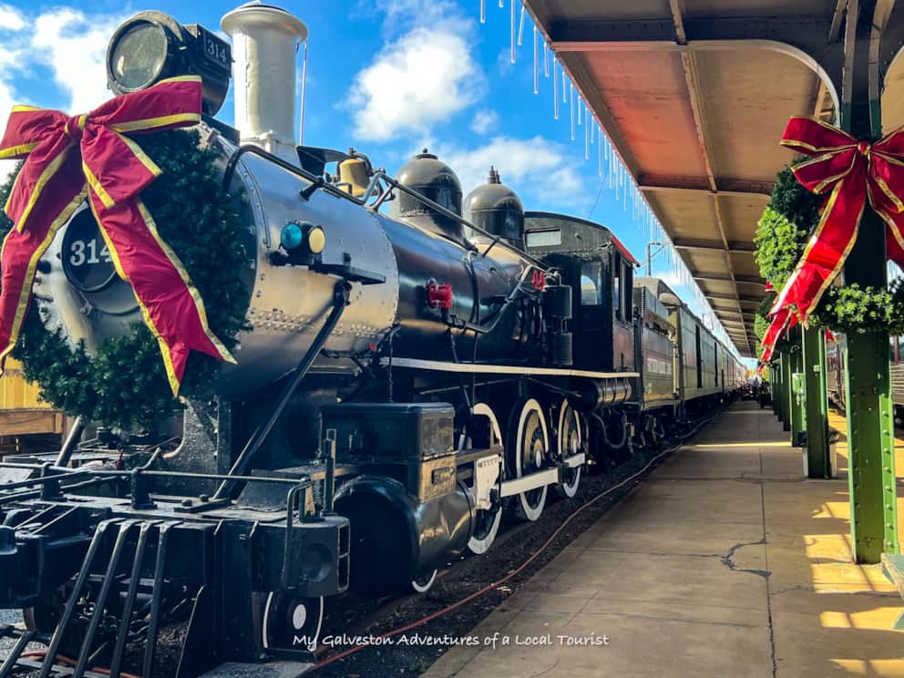 The Polar Express Train Ride at the Galveston Railroad Museum decorated with Christmas lights