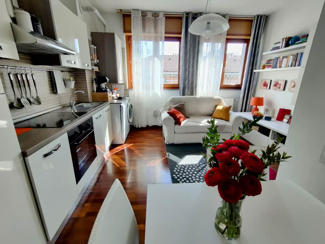 Bright living room with sofa bed, dining table and equipped kitchen