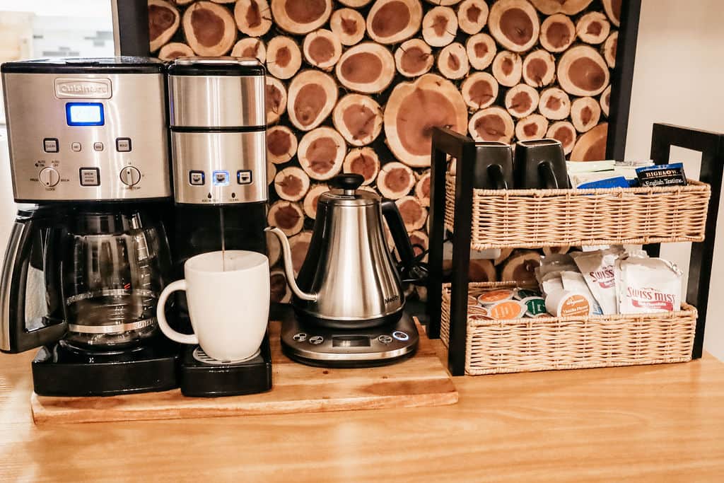 Guest-favorite coffee bar with drip coffee, pods, French press, electric kettle, assorted coffee and Guest-favorite coffee bar with drip coffee, pods, French press, electric kettle, assorted coffee and