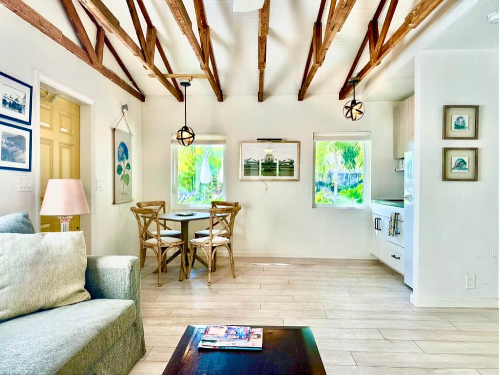 Updated dining area in Unit 2 at Casa Citron featuring a refined layout that enhances flow, comfort, and usable guest space.