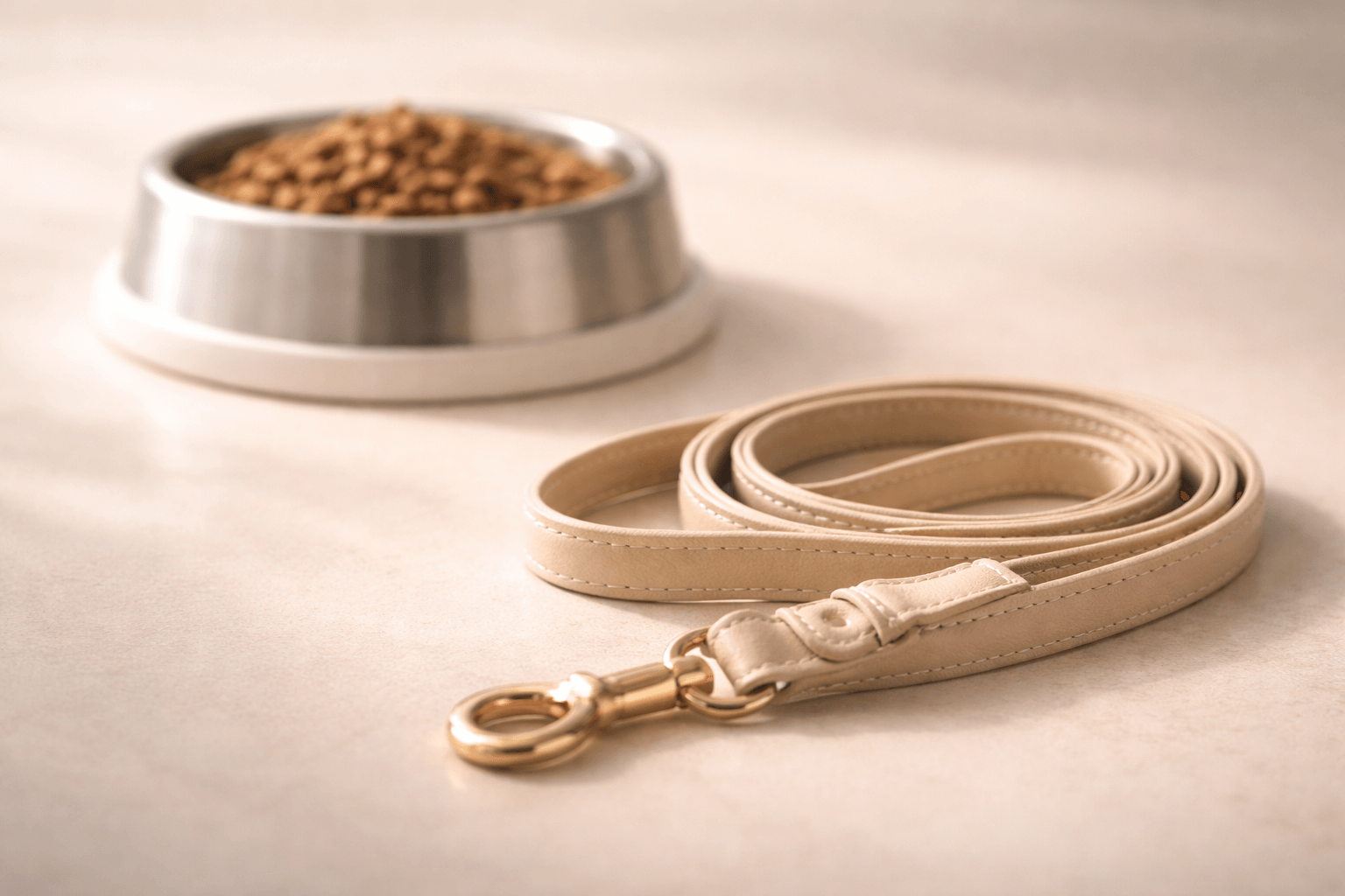 Hundenapf mit Trockenfutter und beigefarbene Hundeleine, hundefreundliche Unterkunft