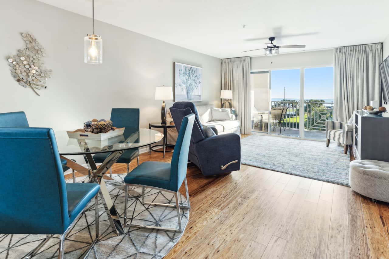 open living room/dining space (queen sleeper sofa in living room)