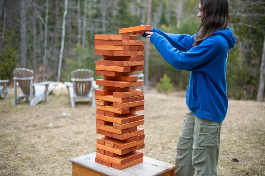 Giant Jenga can be found in the shed, in a chest below the workbench.