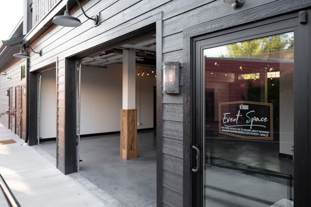 Event Space Barn Burner Exterior Overhead Doors Open