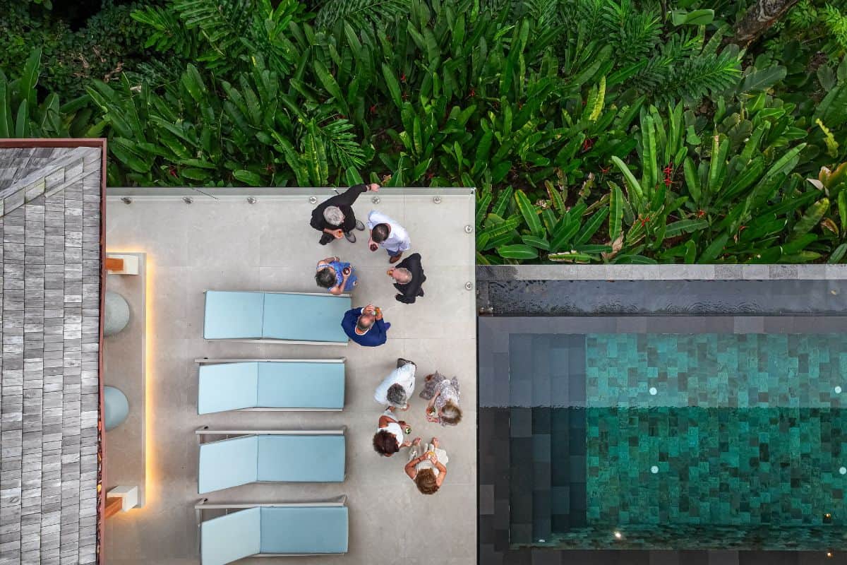 Bird view of a cocktail party at Villa Sueño.