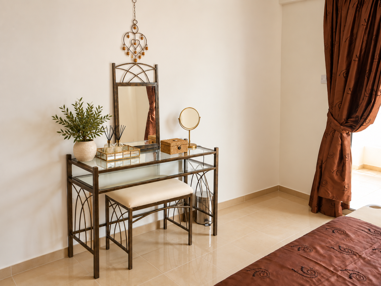 Spacious bedroom with vanity area